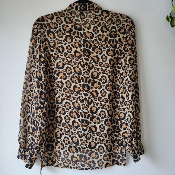 H&M long sleeve button-down sheer leopard print blouse Sz 4 - Picture 2 of 7